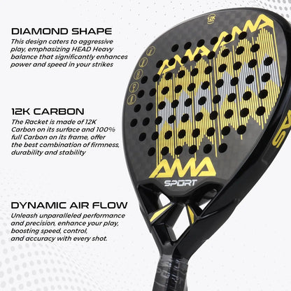 AMA SPORT Padel Racket with Custom Grip Technology 12K Carbon Fiber Surface